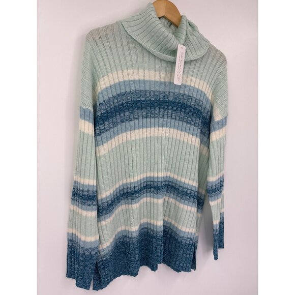 Soft Surroundings Favila Striped Cowl Neck Sweater Ribbed Mint Teal Large NEW - Picture 3 of 6